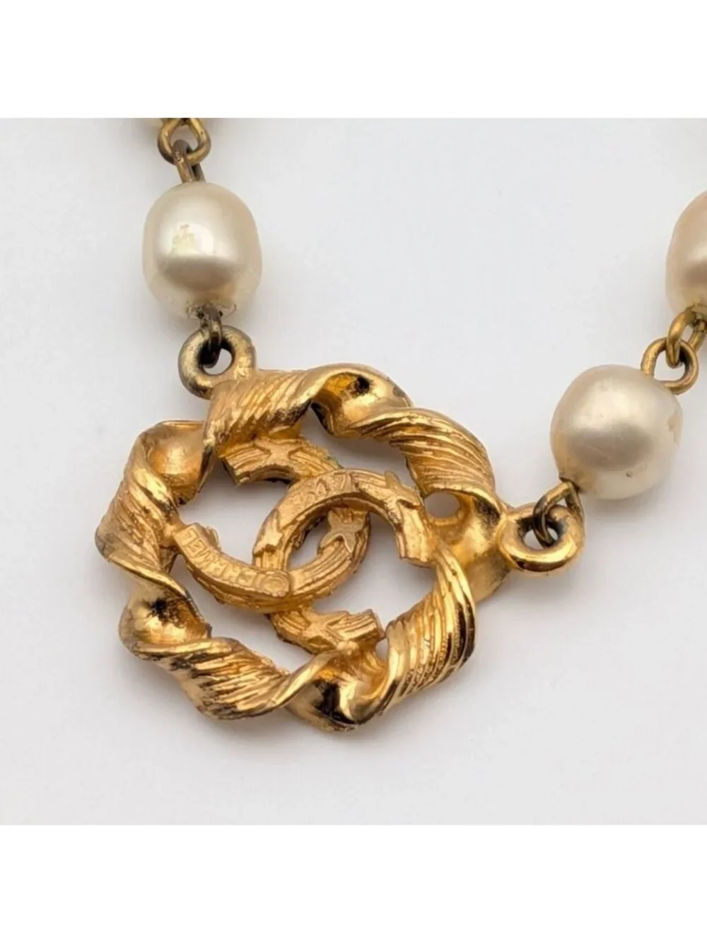 Chanel Gold Faux Pearl CC Logo Necklace Twist First Era Vintage